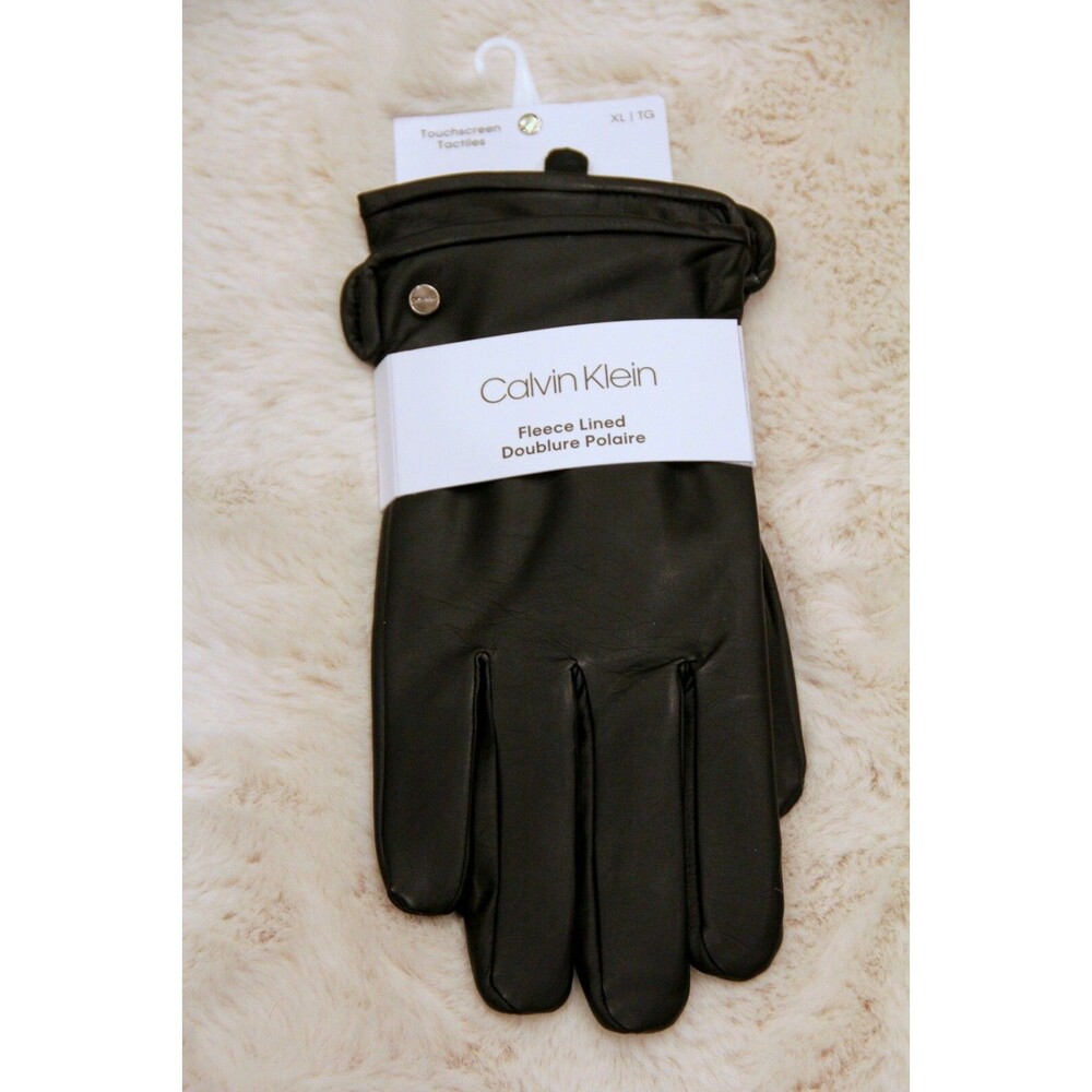 Calvin Klein NEW Black Faux Leather Fleece Lined Men's Side-Vent Gloves - XL $55
